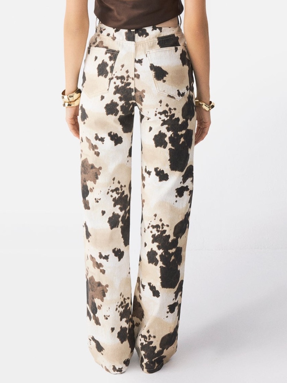 Piral Cow Print Wide-Leg Pants - Cream & Brown